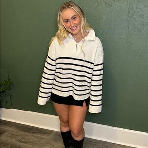 Black and White Striped Quarter Zip Sweater
